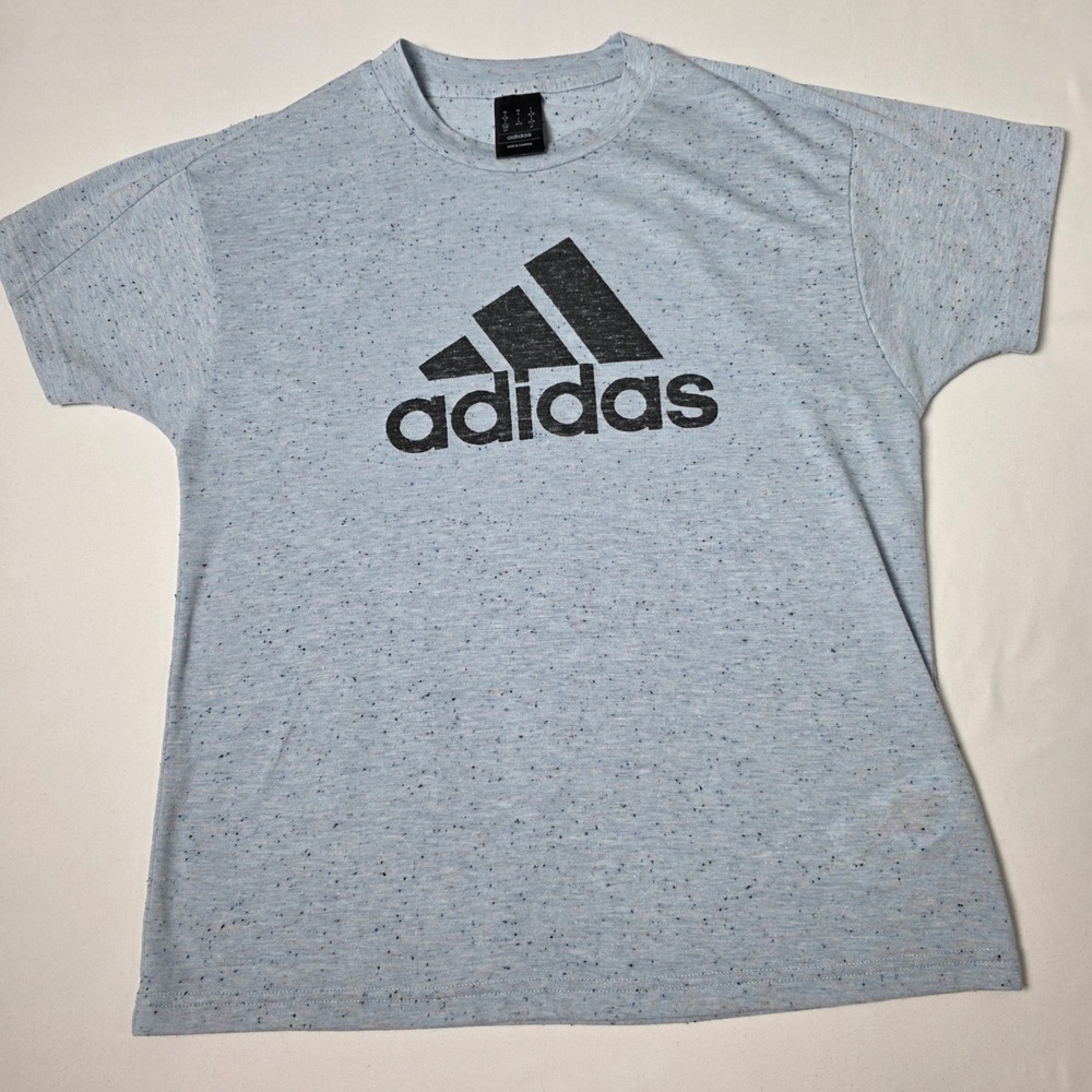 Adidas Graphic T-Shirt Women Small Blue Speckled Neps Distressed Logo Relaxed - Picture 1 of 11